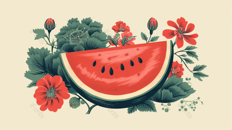 盛开夏天夏至凉爽西瓜切开花朵绽放水果叶子装饰画,插画/手绘图,插画/手绘图库,插画/手绘图下载,插画/手绘